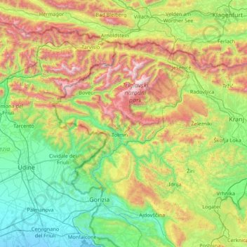 Mapa topográfico Julische Alpen, altitude, relevo
