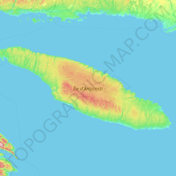 Mapa topográfico Isla de Anticosti, altitude, relevo