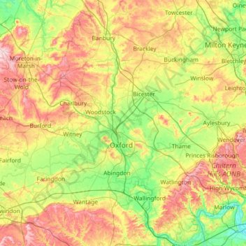 Mapa topográfico Oxfordshire, altitude, relevo