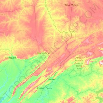 Mapa topográfico Nobres, altitude, relevo