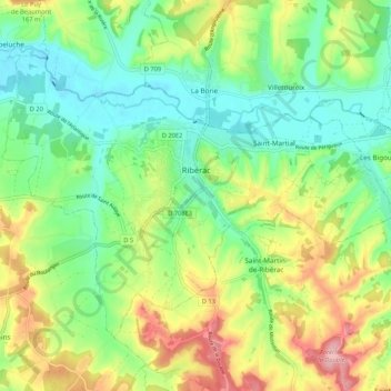 Mapa topográfico Ribérac, altitude, relevo