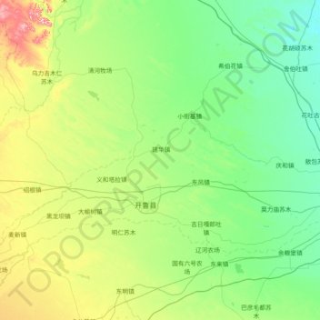 Mapa topográfico 开鲁县, altitude, relevo