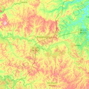 Mapa topográfico Itapetininga, altitude, relevo