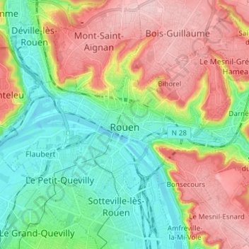 Mapa topográfico Ruão, altitude, relevo