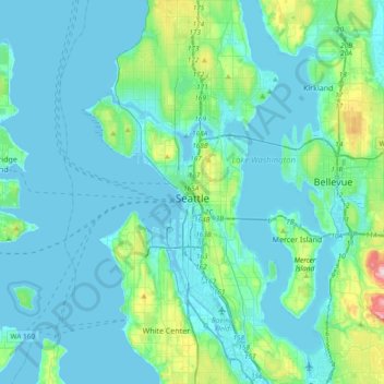 Mapa topográfico Seattle, altitude, relevo