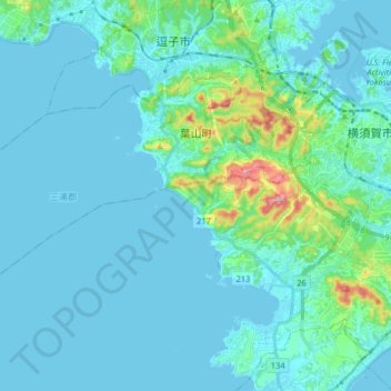 Mapa topográfico 葉山町, altitude, relevo