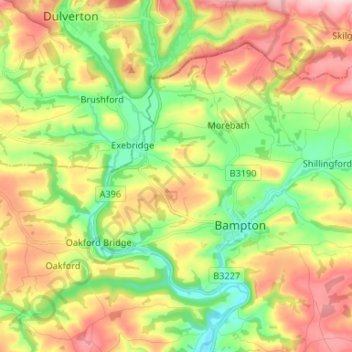 Mapa topográfico Bampton, altitude, relevo