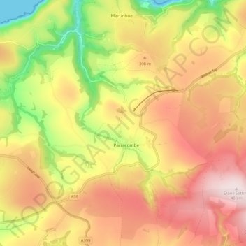 Mapa topográfico Parracombe, altitude, relevo