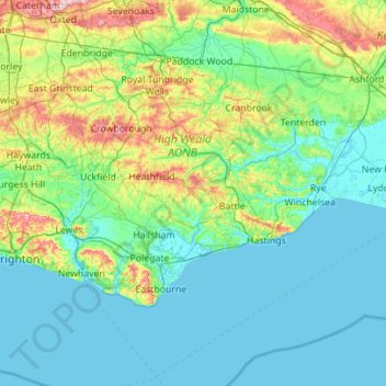 Mapa topográfico East Sussex, altitude, relevo