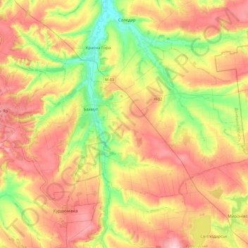 Mapa topográfico Bakhmut urban hromada, altitude, relevo