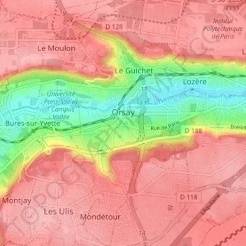 Mapa topográfico Orsay, altitude, relevo