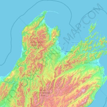Mapa topográfico Tasman, altitude, relevo