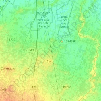 Mapa topográfico Carpi, altitude, relevo
