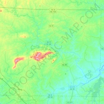 Mapa topográfico Stokes County, altitude, relevo
