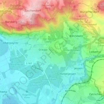 Mapa topográfico Graupa, altitude, relevo