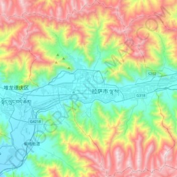 Mapa topográfico 城关区 ཁྲིན་ཀོན་ཆུས།, altitude, relevo