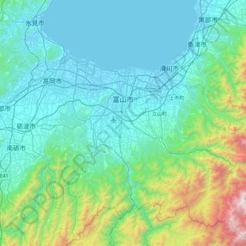 Mapa topográfico 富山市, altitude, relevo
