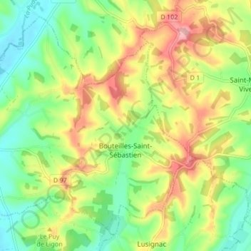 Mapa topográfico Bouteilles-Saint-Sébastien, altitude, relevo