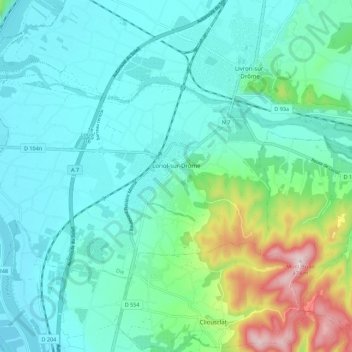 Mapa topográfico Loriol-sur-Drôme, altitude, relevo