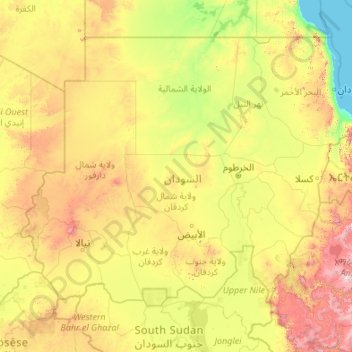 Mapa topográfico Sudão, altitude, relevo