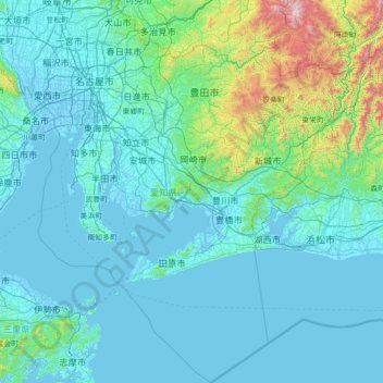 Mapa topográfico 愛知県, altitude, relevo