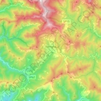 Mapa topográfico Torriglia, altitude, relevo