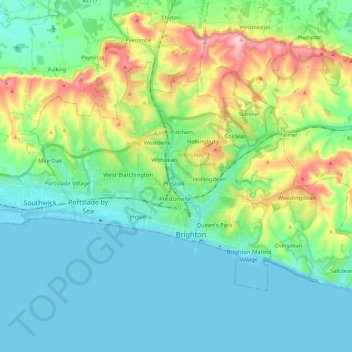 Mapa topográfico Brighton and Hove, altitude, relevo