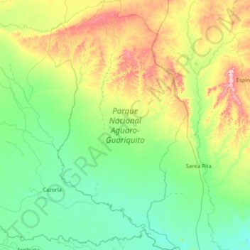 Mapa topográfico Parque Nacional Aguaro-Guariquito, altitude, relevo