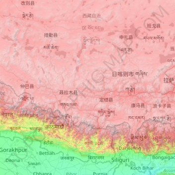 Mapa topográfico 日喀则市, altitude, relevo