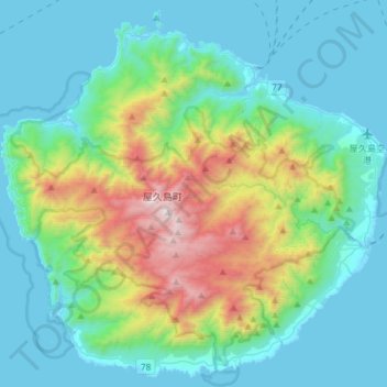 Mapa topográfico 屋久島, altitude, relevo