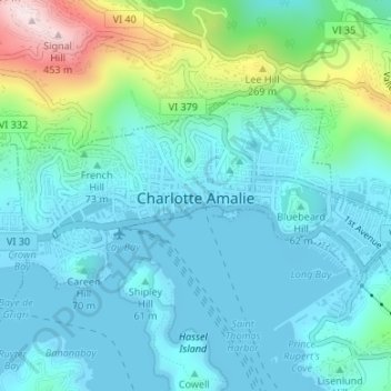 Mapa topográfico Charlotte Amalie, altitude, relevo