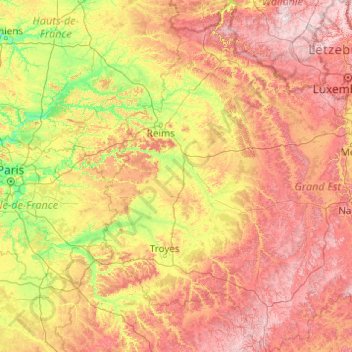 Mapa topográfico Champagne-Ardenne, altitude, relevo