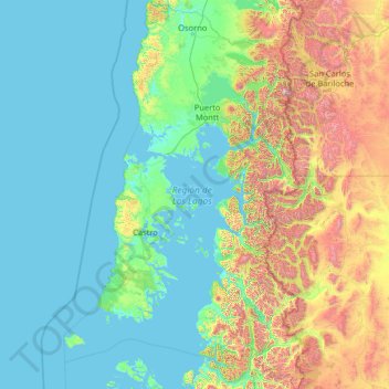 Mapa topográfico Región de Los Lagos, altitude, relevo