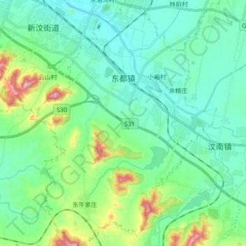 Mapa topográfico 东都镇, altitude, relevo