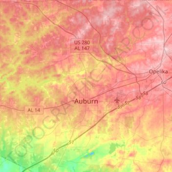 Mapa topográfico Auburn, altitude, relevo