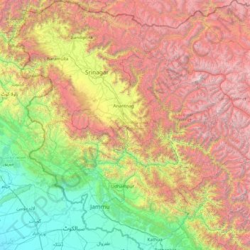 Mapa topográfico Jammu e Caxemira, altitude, relevo