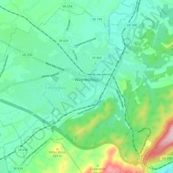 Mapa topográfico Waynesboro, altitude, relevo