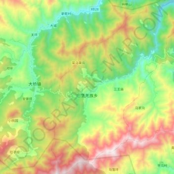 Mapa topográfico 旧堡羌族乡, altitude, relevo