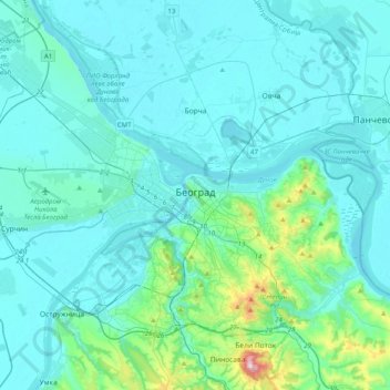 Mapa topográfico Belgrado, altitude, relevo