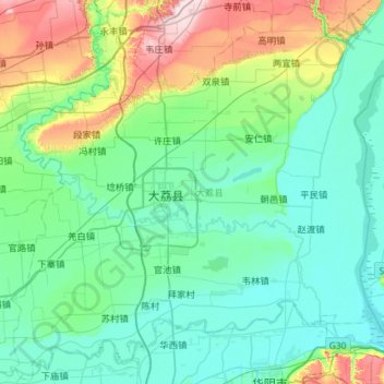 Mapa topográfico 大荔县, altitude, relevo