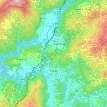 Mapa topográfico Vidago (União das freguesias de Vidago, Arcossó, Selhariz e Vilarinho das Paranheiras), altitude, relevo