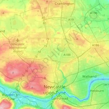 Mapa topográfico Newcastle upon Tyne, altitude, relevo