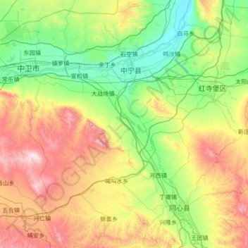 Mapa topográfico 中宁县, altitude, relevo