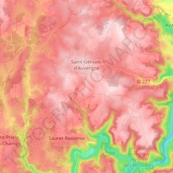 Mapa topográfico Saint-Gervais-d'Auvergne, altitude, relevo
