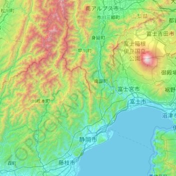 Mapa topográfico Shizuoka, altitude, relevo