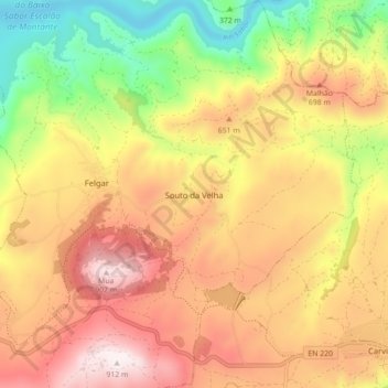 Mapa topográfico Souto da Velha, altitude, relevo