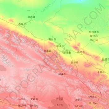 Mapa topográfico Zhangye, altitude, relevo
