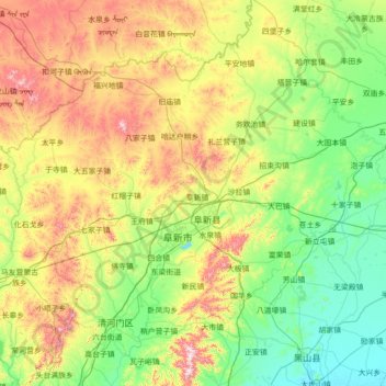 Mapa topográfico 阜新蒙古族自治县, altitude, relevo