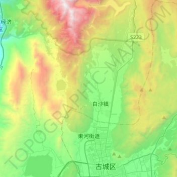 Mapa topográfico 束河街道, altitude, relevo