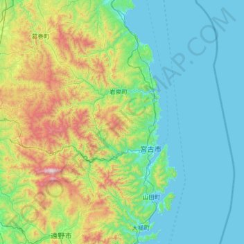 Mapa topográfico 下閉伊郡, altitude, relevo